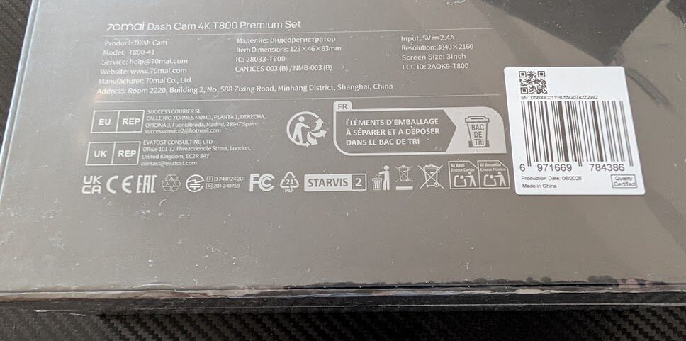 70mai T800のパッケージ 裏面　技適マークあり