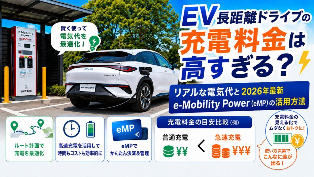 EV長距離ドライブの充電料金は高すぎる?リアルな電気代と2026年最新e-Mobility Power(eMP)の活用方法