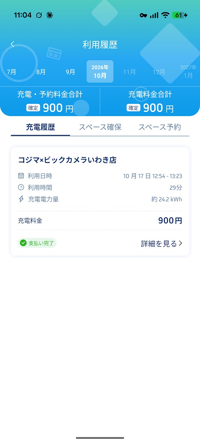 テラチャージ利用履歴 29分 24.2kWh 900円