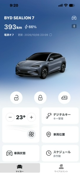 BYDアプリのメイン画面。航続距離393km・充電残量66%、鍵ボタン、エアコン温度、デジタルキー、車両位置などのメニューが並ぶ